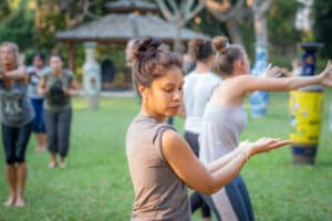 woman looking down qigong